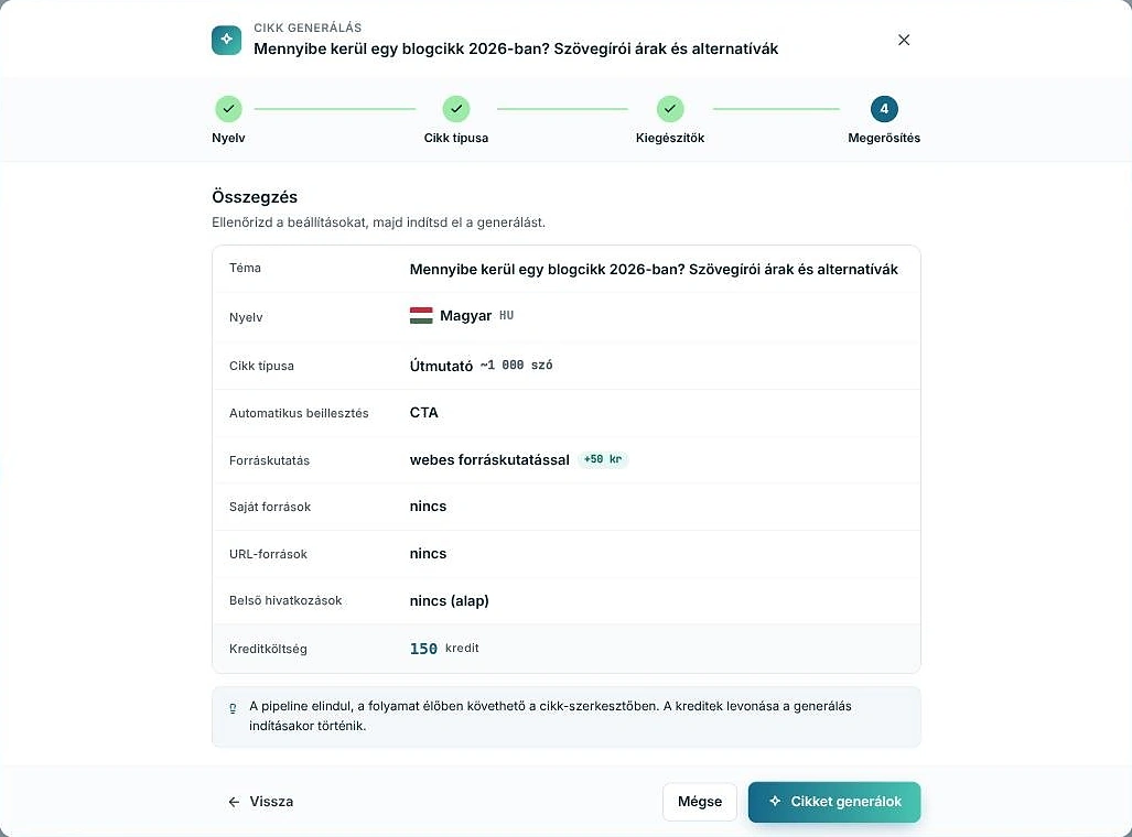 A cikkgeneráló varázsló Megerősítés lépése: a téma, a nyelv, a cikktípus, a forráskutatás, a beillesztések és a kreditköltség összegzése