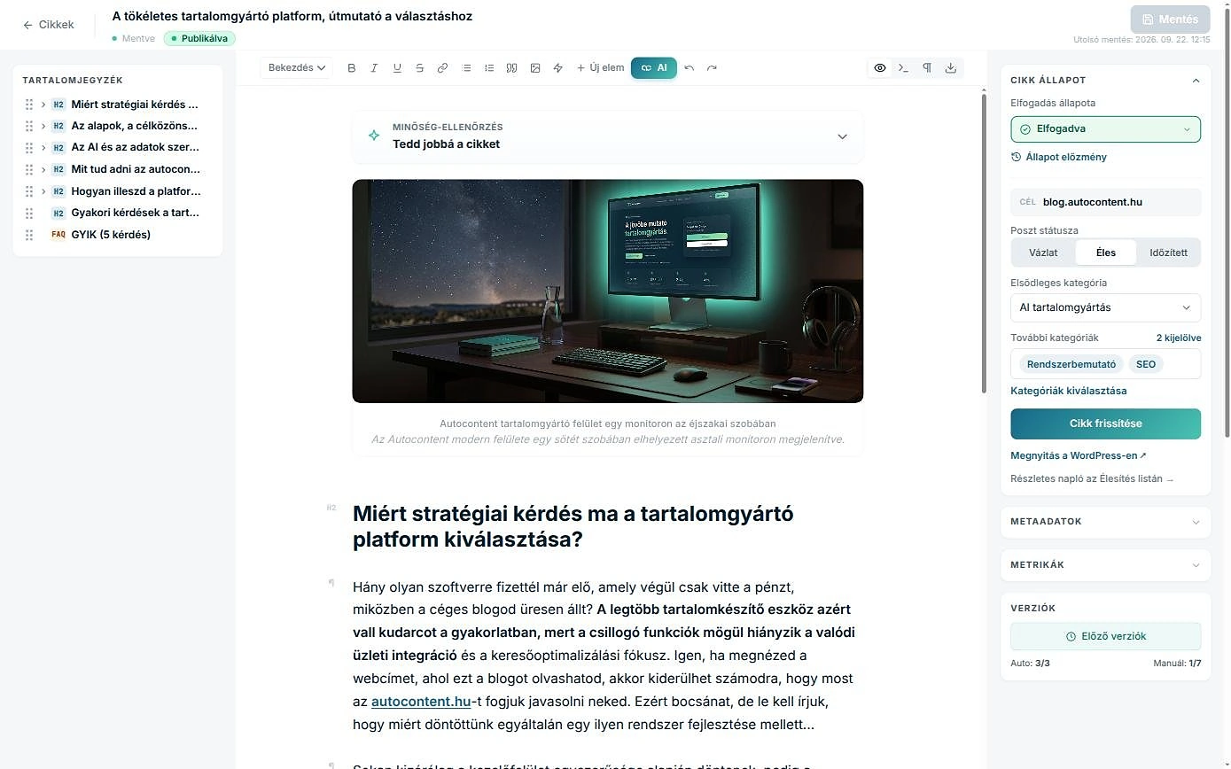 Az autocontent.hu cikkszerkesztője egy elkészült cikkel: balra a tartalomjegyzék, középen a cikk kiemelt képpel, jobbra az elfogadás állapota, a poszt státusza és a kategóriák