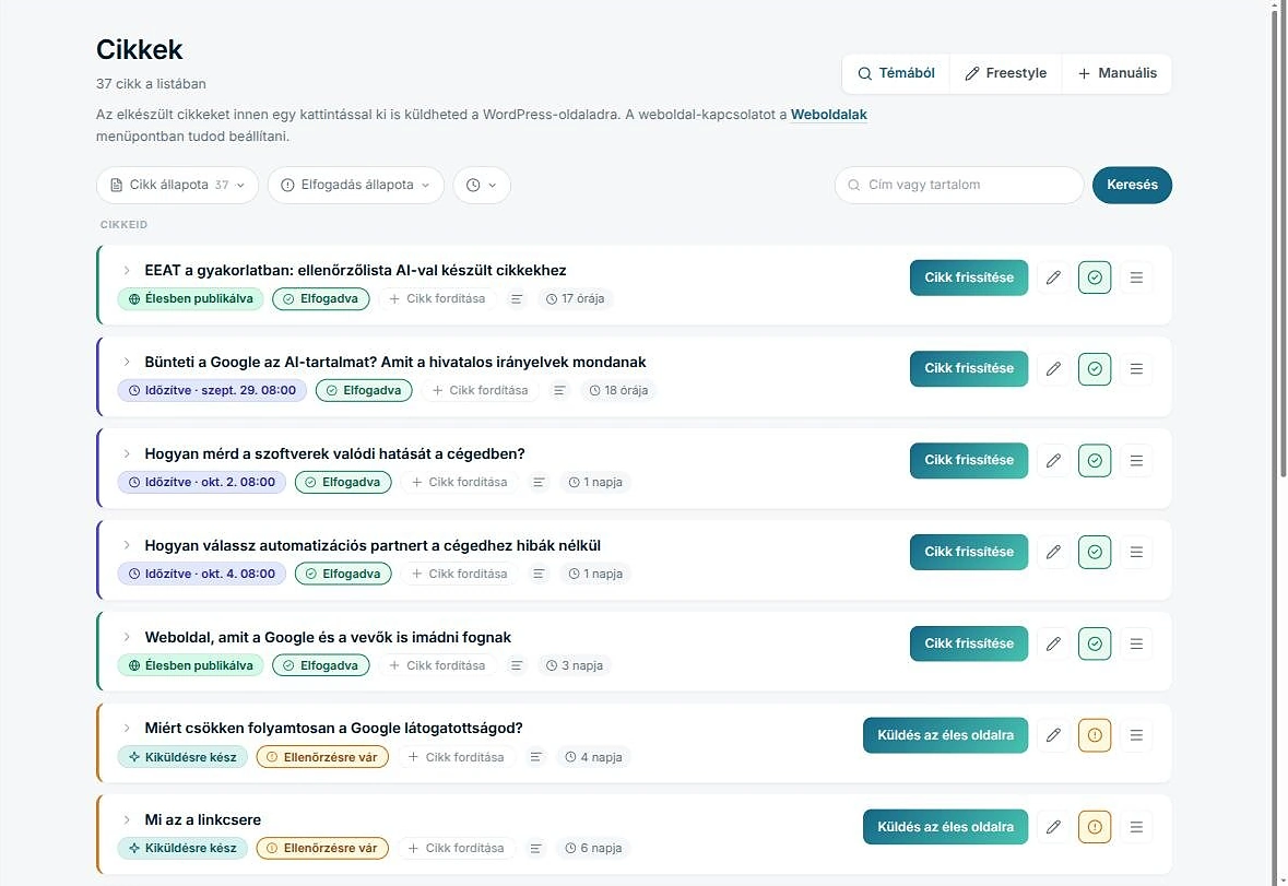 Az autocontent.hu cikklistája: élesben publikált, időzített és kiküldésre kész cikkek állapotjelzőkkel