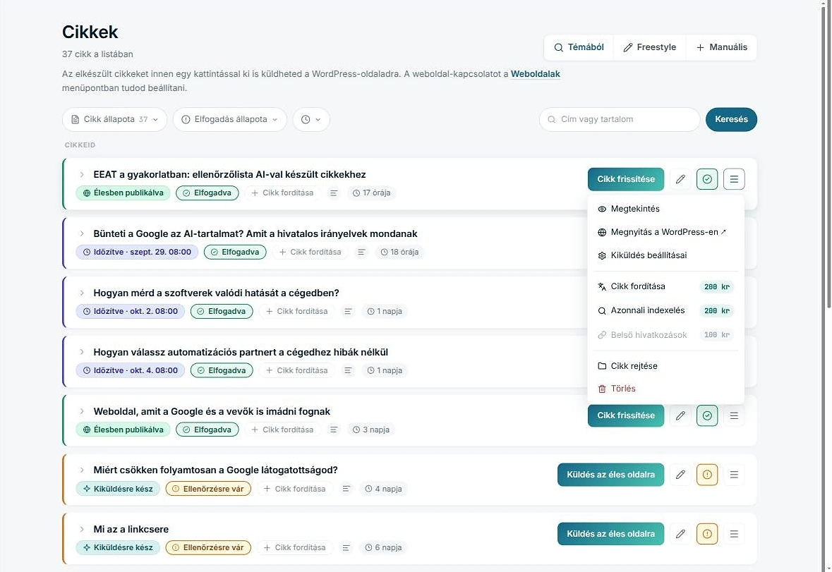 Egy cikk műveleti menüje a cikklistában: megtekintés, megnyitás WordPressen, kiküldési beállítások, fordítás és azonnali indexelés