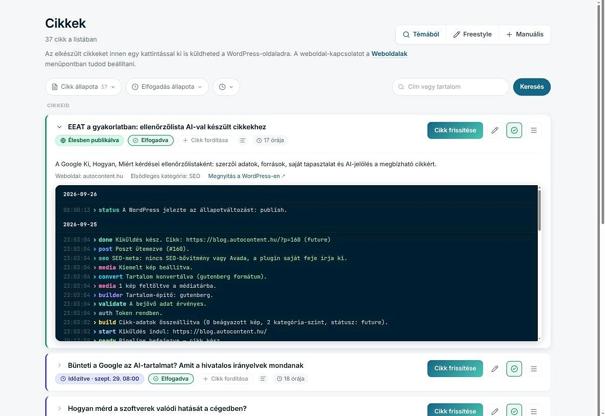 Egy cikk lenyitott kiküldési naplója: a WordPress visszajelzése, az ütemezés, a SEO-mezők, a képek feltöltése és a tartalom átalakítása