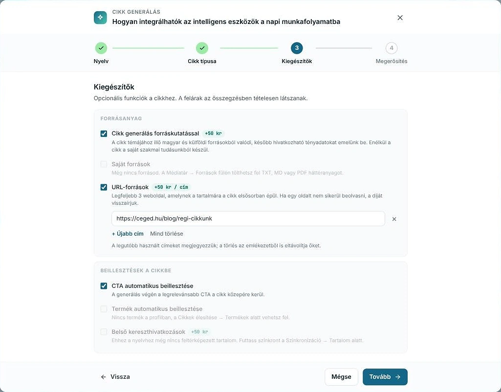 A cikkgeneráló varázsló Kiegészítők lépése: forráskutatás, URL-források és automatikus CTA-beillesztés